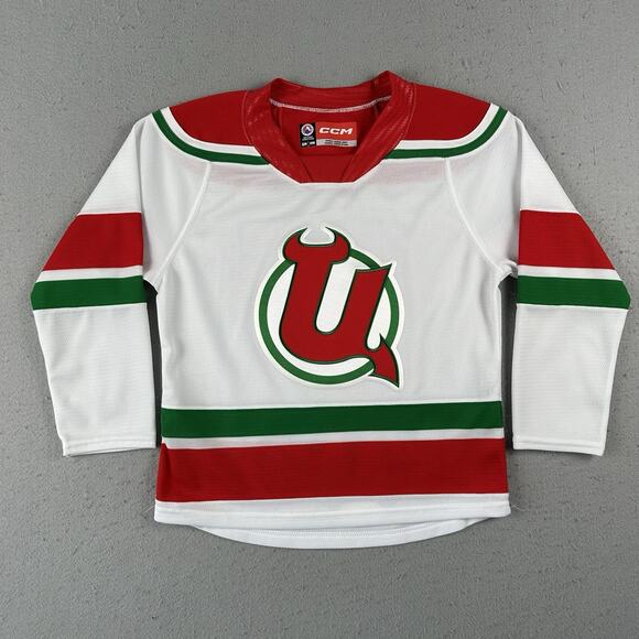 Utica Devils Jersey Youth Small White Red Stitch Logo AHL CCM - Picture 1 of 16